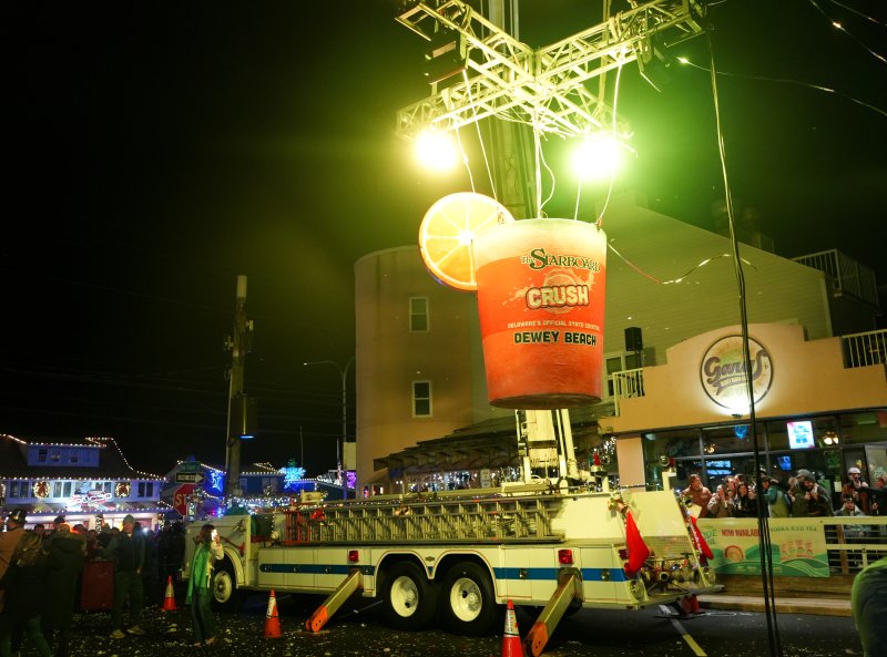 The giant Orange Crush is lowered at midnight.