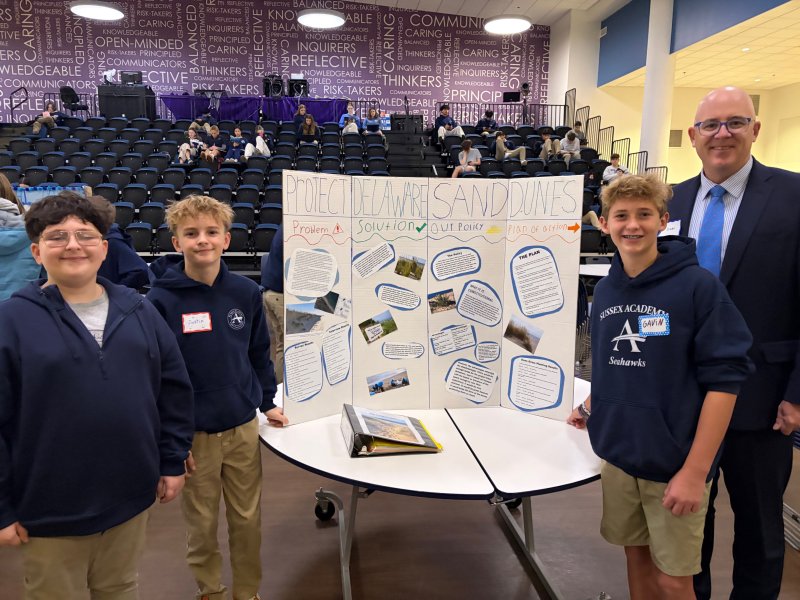 Taking the issue of preserving Delaware’s sand dunes are (l-r) Johnny Nestor, Justin Travis and Gavin Robertson, flanked by Sen. Russ Huxtable, D-Lewes. RYAN MAVITY PHOTO