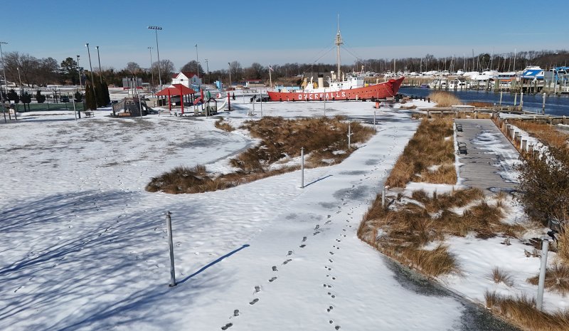 Footprints lead to the Lightship Overfalls in Lewes. NICK ROTH PHOTOS