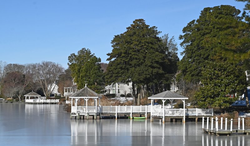Snow forms around the docks on Silver Lake in Rehoboth Beach.