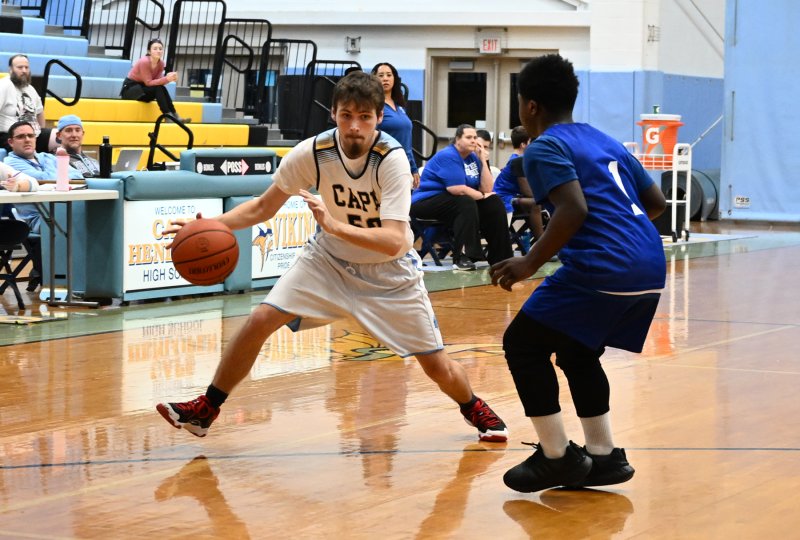 Cape junior Jaxon Benton drives on the defense.