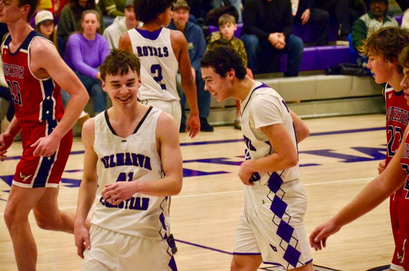 Delmarva Christian freshman Aarian Tucker smiles after going 3-for-4 with no one around him at the charity stripe following a blocking foul and a technical.