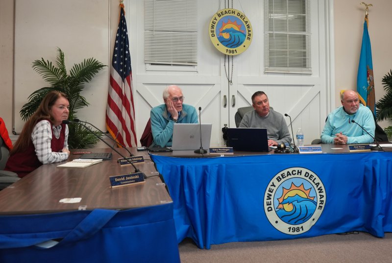 Dewey Beach Town Council members discuss changing the town’s hourly parking fee window. Shown are (l-r) Commissioners Elisabeth Gibbings and Gary Persinger, Mayor Bill Stevens and Commissioner Paul Bauer. Commissioner David Jasinski joined the meeting via Zoom. ELLEN MCINTYRE PHOTO