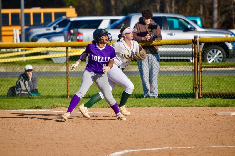 Delmarva Christian freshman Grace Hicks dances at first base.