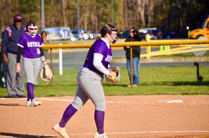 Delmarva Christian senior Kylie McCabe looks for the call from her catcher.