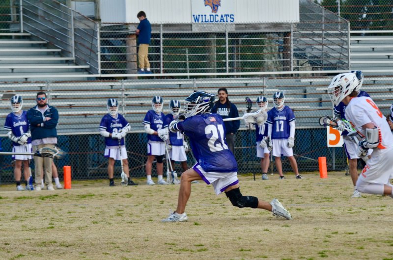 Sussex Academy junior Gideon Sammons fires a shot on goal during the 15-2 win over Delmar March 25. AARON R. MUSHRUSH PHOTOS