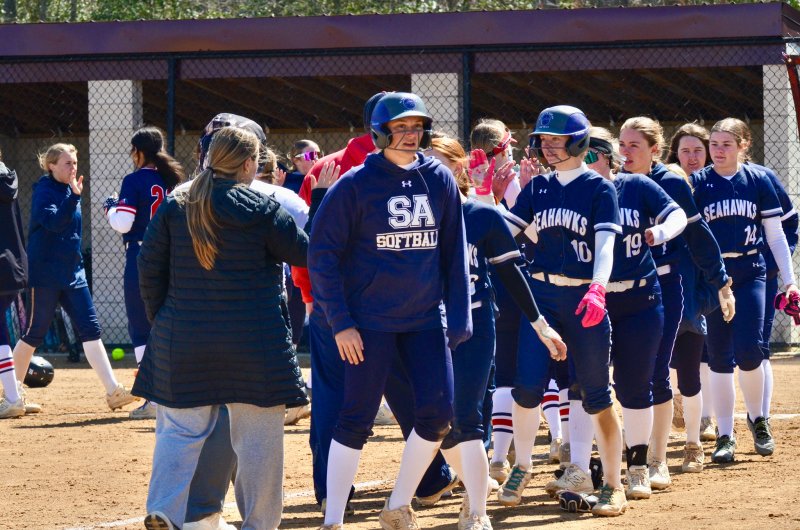 Sussex Academy senior Ryan Lowe led the Seahawks through the handshake line after the Seahawks ended the game in the sixth inning with a 12-1 victory.