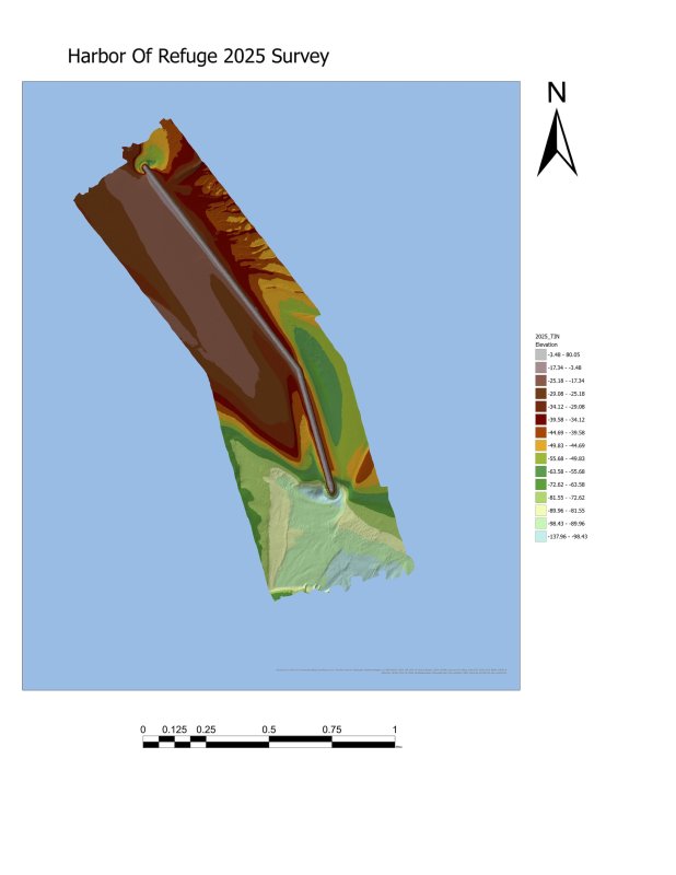 A survey of the breakwater in 2025 shows the water around the southern toe of the breakwater is about 130 feet deep. ARMY CORPS OF ENGINEERS IMAGE