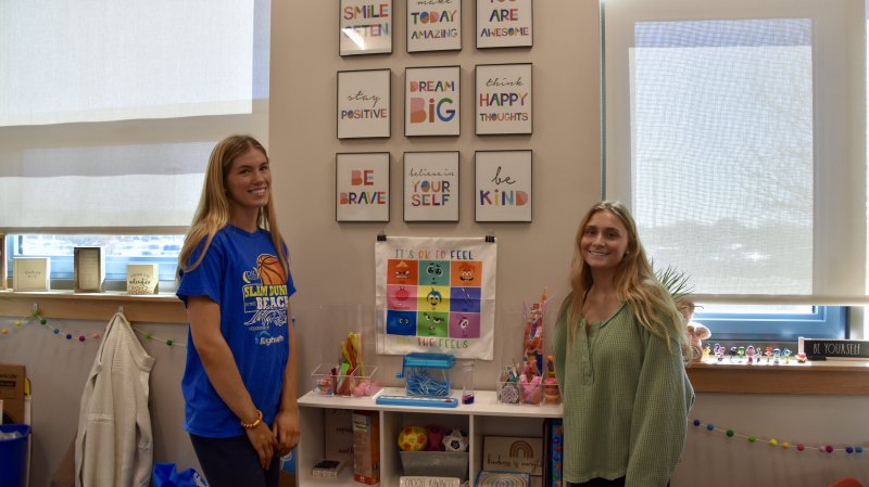 Amalia Fruchtman, left, and Mallory Terhune take on the day in the school counselor’s office.