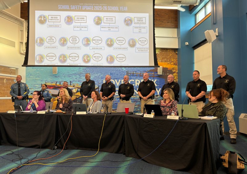 Cape school resource officers and constables are called up one by one during the March 26 school board meeting. Shown in back are (l-r) Delaware State Police detective and Cape High SRO Chad Harmon; DSP’s Elizabeth Zambrano, SRO at Mariner Middle School, H.O. Brittingham Elementary School and Milton Elementary School; Chris Wessel, constable at Sussex Consortium; Wayne Esposito, constable at Milton Elementary; Mark Nicholas, constable at Lewes Elementary; Phillip Klink, constable at Cape High and the Fred Thomas Building; George Rath, constable at H.O. Brittingham Elementary; Robert Mitchell, constable at Beacon Middle School; Michael Gunther, constable at Cape High; and Todd Stratton, lead constable at Love Creek Elementary. Sitting in front are school board members Janis Hanwell, Superintendent Jenny Nauman, President Alison Myers, Jessica Tyndall and Patty Maull.