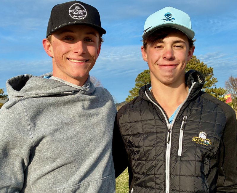 Cape won its opening-day match against Caesar Rodney March 25 at Rehoboth Beach CC, beating the Riders for the first time since 2003. Cameron Hartstein (left) shot a 44 to help the squad win, while playing partner Jack Tunnell (right) finished one shot above and out of Cape’s top four scorers for the day. FRITZ SCHRANCK PHOTO