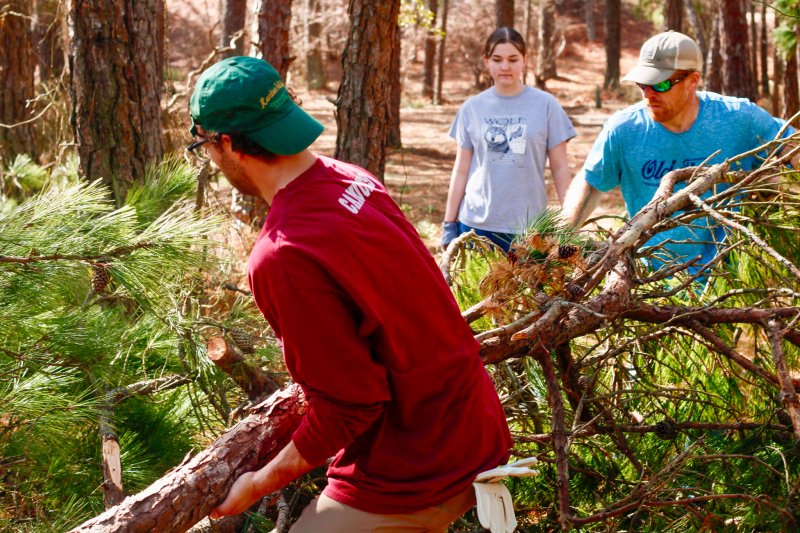 Ryan Dunhamn helps move a cumbersome branch.