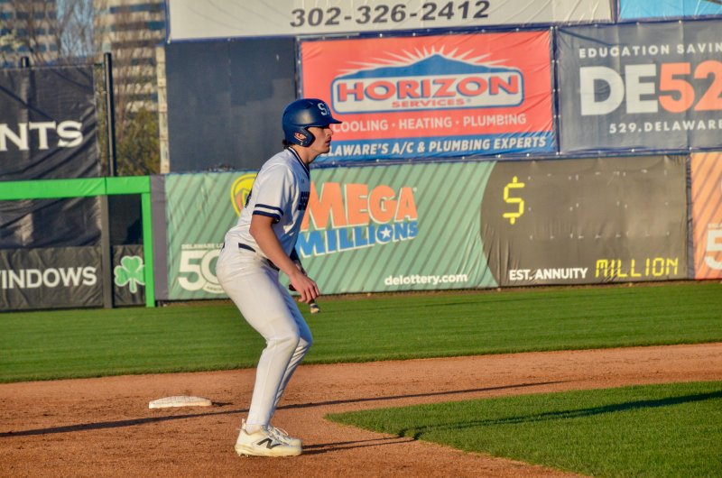 Seahawks sophomore Ben Tollett takes a lead off second after reaching there on an error after his two-run single.