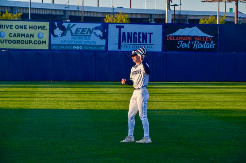 Sussex Academy senior Laine Roberts had some funky shadows to handle in left field, in addition to staring down the sun and lights.