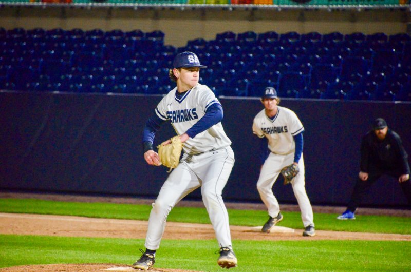 Seahawks sophomore pitcher Zach Brittingham begins his move toward home.