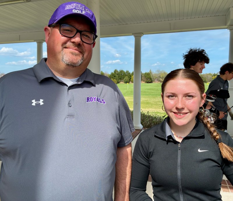 Delmarva Christian golf coach Ray Davis, left, with Avery McCoy. The Millsboro sophomore scored best among the Royals golf team in matches March 26 and April 1, including a medalist finish against Mt. Sophia Academy. FRITZ SCHRANCK PHOTO