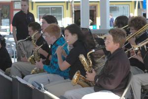 The Cape Henlopen High School Jazz Band has been performing a Saturday afternoon free concert at the Bandstand for several years. Shown playing saxophone are (l-r) Brooks Emery, Chris Faircloth, Tom Wiswell, Chloe Dye, and Dan Myers. BY STEVEN BILLUPS