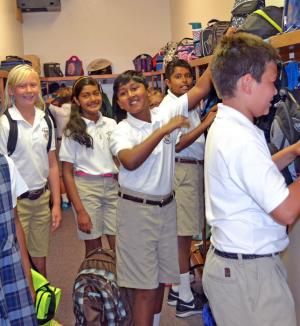 Some Worcester Prep Grade 5 students hanging up their backpacks and getting ready for class are (l-r) Tabitha Curry, Harbeson; Sumira Sehgal, Lewes; Amith Tatineni, Milton; Pranay Sanwal, Lewes; and Jordan Willey, Milton. SOURCE SUBMITTED