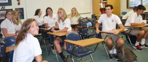 In the classroom ready for their junior year at Worcester Prep are (l-r) Bridget Brown, Selbyville; Regan Shanahan, Ocean Pines, Md.; Julia D’Antonio, Hebron, Md.; Devin Hammond, Berlin, Md.; Cassie Stevens, Lewes; Grace Tunis, Ocean City, Md.; Sonya Walker, Church Creek, Md.; Jordan Kilgore, Bishopville, Md.; and John Meakin, Salisbury, Md. SOURCE SUBMITTED