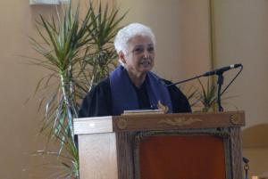 Interim Minister, Rev. Paula Maiorano, speaks at the dedication, saying, "It is momentous, and on the behalf of the members of Unitarian Universalists, I welcome all." BY STEVEN BILLUPS