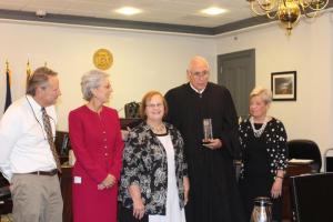 Attending the award ceremony are (l-r) Delaware Superior Court Judge T. Henley Graves, President Judge Jan Jurden, Elizabeth Byers-Jiron of Delaware Veteran Awareness Center, Judge Richard Stokes and his wife, Sally.