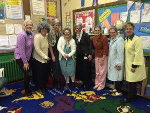 The Milton Elementary second-grade team of teachers gets into the spirit of the 100th day of school. Shown are (l-r) Katie Deas, Beth Bader, Olga Teague, Dawn Johnson, Leslie Mitchell, Vickie Kressler, Jill Lampron and Tammie Deputy. SOURCE SUBMITTED