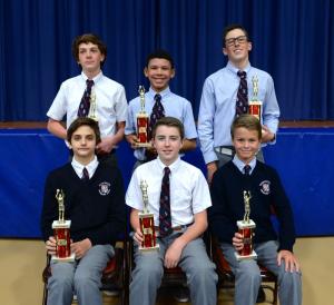 Worcester Prep Middle School boys’ basketball sports awards went to eighth-graders in back (l-r) J.P. Issel, Coaches Award; Ayrton Pryor, Most Improved Player; and Colby Hook, MVP. In front are seventh-graders (l-r) Ben Brandt, MVP; Mason Brown, Coaches Award; and Brugh Moore, Most Improved Player. SOURCE SUBMITTED