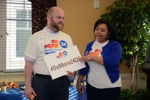 Randle Reed, UWD community impact associate, and Schlonn Hawkins, UWD assistant director of marketing, emphasize #DoMore24DE to spread the word on social media. BY STEVEN BILLUPS