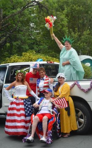 Ready to lead the parade with Parade Marshal Phyllis Hoenen are Lady Liberty Kathy Hughes and (l-r) Viktoriya Hoenen, John Hoenen, Diana Hoenen and Kathy Hoenen-Enevold.
