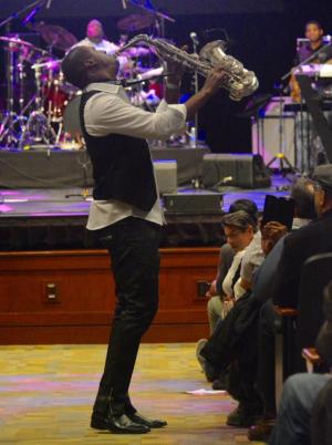 Saxophonist Eric Darius delights the large opening-night crowd at Cape Henlopen High School. RON MACARTHUR PHOTO