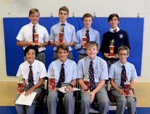 Lower School boys’ award winners include in back (l-r) Adison Browne (golf coaches award), Vincent Petrera (eighth-grade soccer MVP), Graham McColgan (eighth-grade soccer coaches award) and Jacob Osias (eighth grade soccer most improved). In front are Nick Hearne (seventh-grade soccer most improved), Brice Richins (seventh-grade soccer MVP), Mac Gates (seventh-grade soccer coaches award) and Kaden Mault (golf most improved).