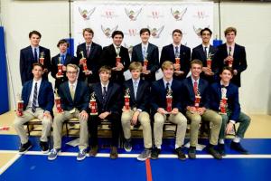 Upper School boys’ award winners include in back (l-r) Thomas Fager (JV soccer MVP), Charlie Brinker (JV golf most improved), Jonathan Ruddo (varsity golf coaches award), Matt Durkin (JV golf coaches award), Jacob Meakin (JV golf MVP), Brendan Miller (varsity soccer MVP), Aria ZiaShakeri (varsity soccer most improved), and Grant Brown (varsity golf most improved player). In front are (l-r) Enzo Zechiel (cross country most improved), Austin Taylor (varsity golf MVP), Kurt Leinemann (JV soccer most improved), Spencer Paquette (JV soccer coaches award) Patrick Petrera (varsity soccer Coaches Award), Trent Marshall (cross country Coaches Award) and Carter Hill (cross country MVP).