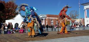 Herman Jackson, left, and Mike Harmon of the Nanticoke tribe dance a traditional men’s dance on the Return Day stage. RON MACARTHUR PHOTO