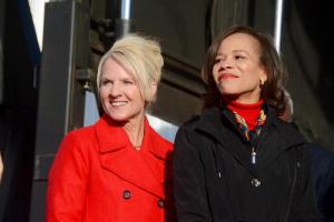 Newly elected Democrats, Bethany Hall-Long, lieutenant governor, left, and Lisa Blunt Rochester, U.S. Congress, share the Return Day stage. RON MACARTHUR PHOTO