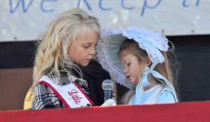Little Miss Apple Scrapple Juliette Anger of Bridgeville, left, and Leah Marvel of Ellendale recite The Pledge of Allegiance. RON MACARTHUR PHOTO