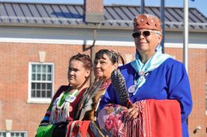 Nanticoke Chief Natasha Norwood Carmine, left, stands with dancers Boe Harris and Cheyenne Wright. RON MACARTHUR PHOTO