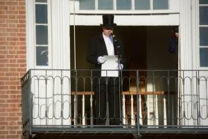 Georgetown Town Crier Kirk Lawson reads election results from the Sussex County Courthouse. RON MACARTHUR PHOTO