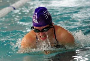 Sussex Academy’s Laura Schumacher swims the breaststroke leg of the 200 medley relay. DAN COOK PHOTO