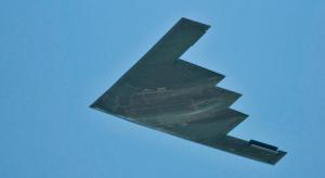 The Spirit of California, a B-2 stealth bomber, creates a cutting-edge profile in the sky above Dover. The bomber is part of the 509th Bomb Wing at Whiteman Air Force Base, Mo.