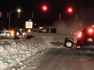 Not all snow days are happy ones. Here, a truck stuck at Five Points was making aleft onto Savannah Road when the driver ran into trouble. Photo submitted by Mark Hertzog.