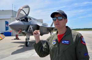Pilot Andrew Olson talks about the F-35, the newest stealth fighter jet, during a June 15 press conference.