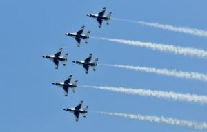 The six-member Thunderbirds crew begins their show as they fly in from NASA’s Wallops Flight Facility in nearby Wallops Island, Va,
