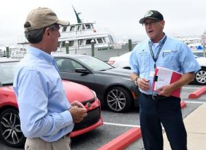 Delaware Seashore Park Superintendent Doug Long, right, discusses the park’s preparedness with Carney. DAN COOK PHOTO