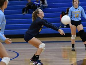 Cape libero Emily Lamb bumps a dig.