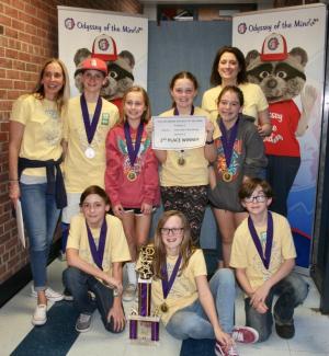 Beacon Middle’s second-place division 2 winning team for the Leonardo’s Workshop competition are in back (l-r) Coach Alisha Fletcher, Stephen Hart, Sophia Massaro, Darcy Crotty, Gina Gruwell and Coach Eugenia Hart, and in front are Eli Lawson, Addison Bowman and Sam Gossett. SUBMITTED PHOTO