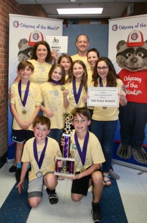 Shields Elementary’s second-place division 1 winning team for OMER to the Rescue, Again are in back (l-r) Coaches Eugenia Hart, Aaron Block and Judi Block. In middle are Theo Hart, Julia DiSabatino, Ella Dietz, Norah Block and May DiSabatino and in front are Ethan James and Ryan Andrew. SUBMITTED PHOTO