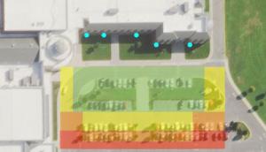A color-coded map of Cape High shows the best parking spaces to access the internet. Green signifies the best connection, the yellow area has a moderate connection, and the red area has the weakest connection.