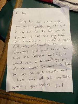 In a letter accompanying the flag, Billy O’Boyle from Clonmel, Ireland, said he stole it from the VFW as a 23-year-old in 2000.