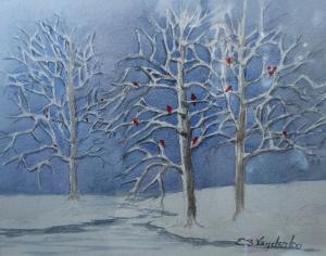 "Cardinals on the Trees" by Evelyn Vanderloo.