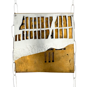 Lowe’s “Grid Over Time” is a layered necklace using brass, copper and sterling silver.